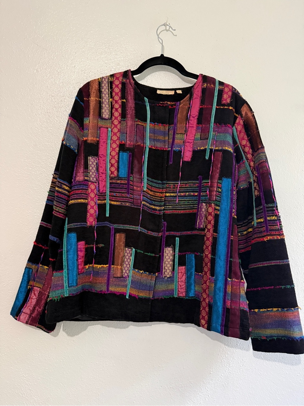 Choices Colorful Patchwork Black Boho Snap-Front Jacket. Sz L.